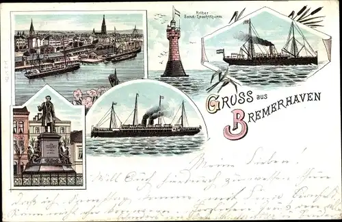 Litho Bremerhaven, Leuchtturm Roter Sand, Dampfer, Denkmal, Blick auf den Ort