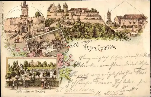 Litho Coburg in Oberfranken, Schlossplatz mit Arkaden, Blick auf die Veste