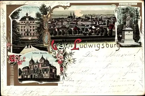 Litho Ludwigsburg in Baden Württemberg, Schloss Favorite, Nordseite, Schillerdenkmal, Panorama