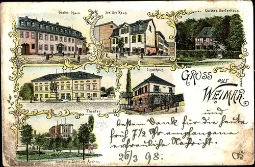 Litho Weimar in Thüringen, Goethehaus, Schillerhaus, Theater, Liszthaus