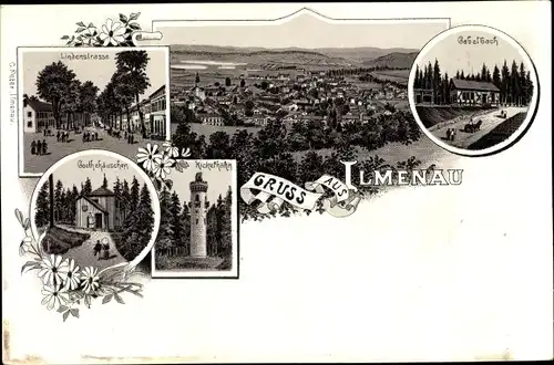 Litho Ilmenau im Ilm Kreis Thüringen, Gabelbach, Lindenstraße, Goethehäuschen, Kickelhahn