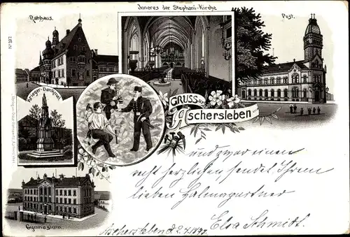 Litho Aschersleben Salzlandkreis, Rathaus, Post, Stephanikirche Inneres, Kriegerdenkmal, Gymnasium