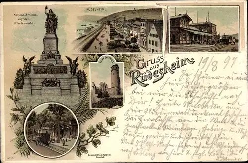 Litho Rüdesheim am Rhein in Hessen, Nationaldenkmal Niederwald, Ruine Ehrenfels, Straßenpartien