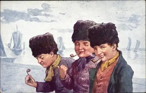 Künstler Ak Drei Jungen in niederländischen Trachten rauchen Pfeife