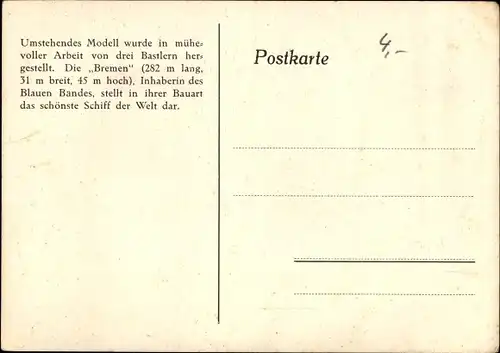 Künstler Ak Modellschiff Bremen, Norddeutscher Lloyd, Dampfer