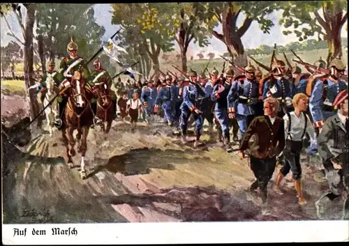 Künstler Ak Döbrich Steglitz, Auf dem Marsch, deutsche Soldaten