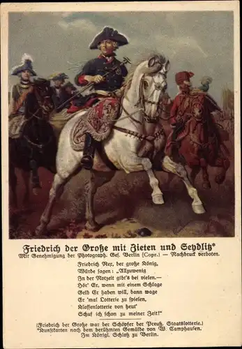 Künstler Ak Friedrich der Große mit Zieten und Seydlitz, Gedicht