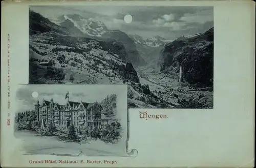 Mondschein Ak Wengen Kanton Bern, Panorama, Grand Hotel National