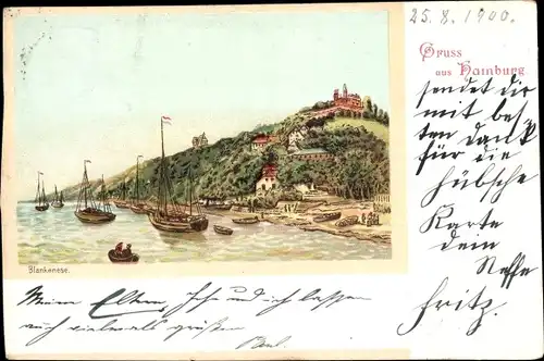 Litho Hamburg Altona Blankenese, Blick auf den Ort, Schiffe