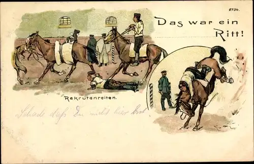 Ak Soldatenleben, Rekrutenreiten, Das war ein Ritt, Kaserne, Pferde