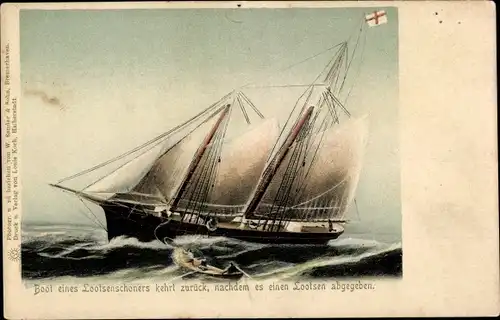 Litho Rostock Warnemünde, Boot eines Lotsenschoners kehrt zurück