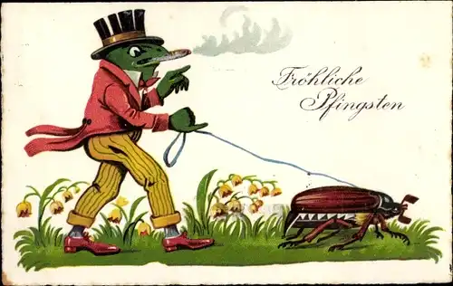 Ak Glückwunsch Pfingsten, Vermenschlichter Frosch mit Zigarre und Maikäfer an der Leine