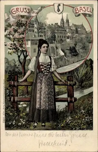 Passepartout Ak Bâle Basel Stadt Schweiz, Frau in Tracht, Stadtansicht