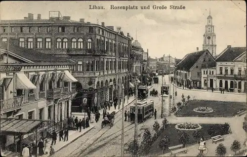Ak Liepaja Libau Lettland, Rosenplatz, Große Straße, Straßenbahn