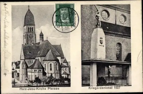 Ak Pfersee Augsburg in Schwaben, Herz Jesu Kirche, Kriegerdenkmal