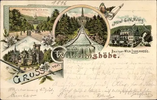 Litho Bad Wilhelmshöhe Kassel in Hessen, Hotel Cafe Mulang, Kaskaden, Löwenburg