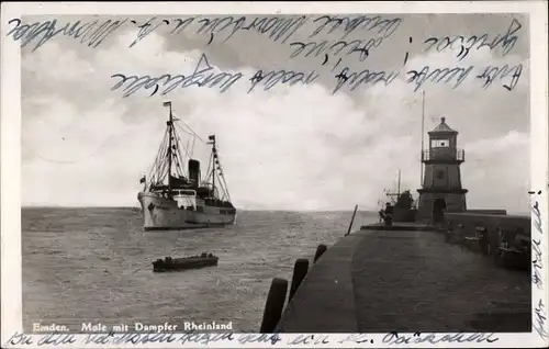 Ak Emden in Ostfriesland, Mole mit Dampfer Rheinland, Leuchtturm