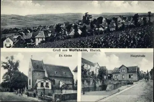 Ak Wolfsheim in Rheinhessen, Panorama, Ev. Kirche, Hauptstraße
