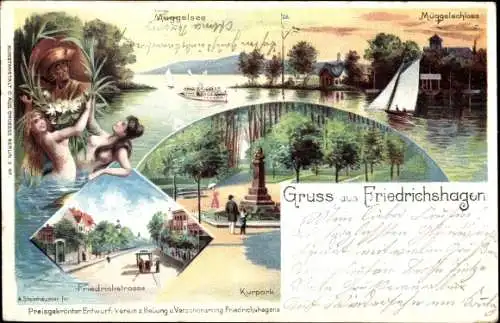 Litho Berlin Köpenick Friedrichshagen, Müggelsee, Müggelschloss, Kurpark, Friedrichstraße