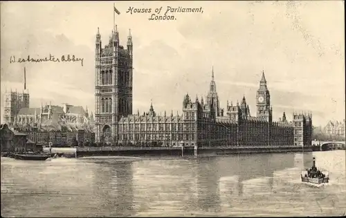 Ak London City England, Houses of Parliament, Regierungsgebäude, Fluss, Schiffe, Brücke, Fahne