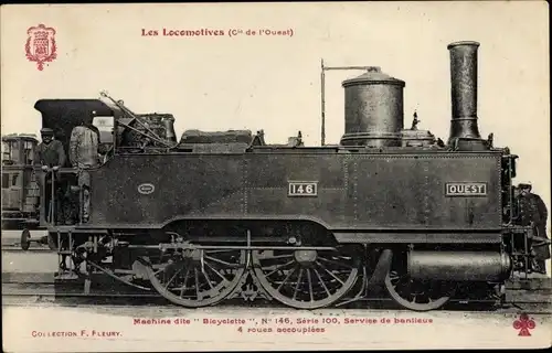 Ak Französische Eisenbahn, Dampflok No. 146, Ouest, Bicyclette