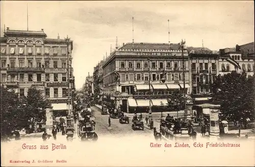 Ak Berlin Mitte, Unter den Linden, Ecke Friedrichstraße, Straßenszene, Victoria Hotel