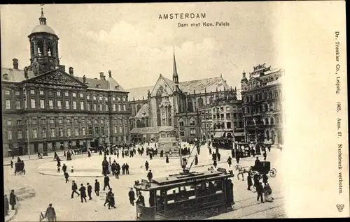 Ak Amsterdam Nordholland Niederlande, Dam met Kon. Paleis, Schloss, Platz, Straßenbahn