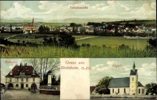 Ak Blotzheim Elsass Haut Rhin, Totalansicht, Rathaus, Kapelle