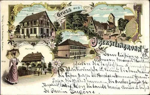 Litho Steinbrunn le Haut Obersteinbrunn Elsass Haut Rhin, Gasthaus zum Löwen, Pfarrhaus, Schule