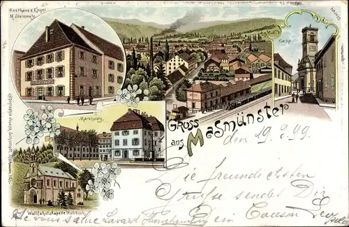 Litho Masevaux Masmünster Elsass Haut Rhin, Kirche, Bahnhof, Gasthaus zum Engel, Wallfahrtskapelle