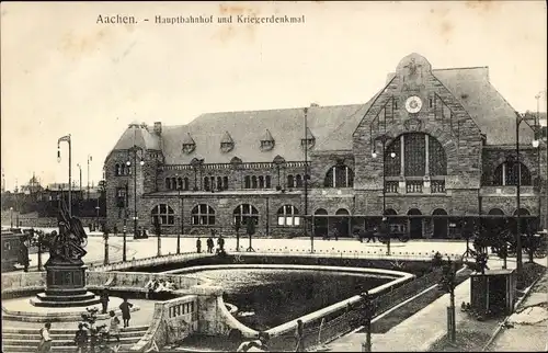 Ak Aachen in Nordrhein Westfalen, Hauptbahnhof und Kriegerdenkmal, Straßenbahn