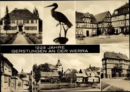 Ak Gerstungen im Wartburgkreis Thüringen, Ortsansichten, Kirche, Brunnen, Storch, 1225 Jahre