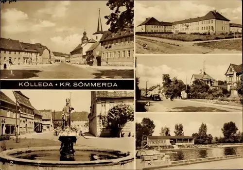 Ak Kölleda Thüringen, Roßplatz, Schule, Schwimmbad, Wipertusbrunnen