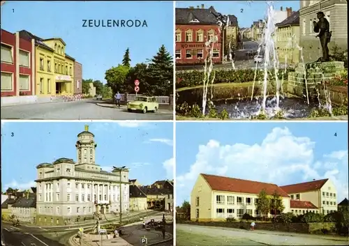Ak Zeulenroda Thüringen, Kulturhaus DSF, Karpfenpfeiferbrunnen am Markt, Rathaus