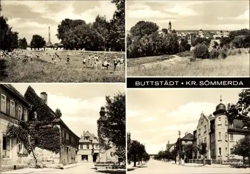 Ak Buttstädt in Thüringen, Bahnhofstraße, Rastenberger Tor, Freibad, Kirchturm