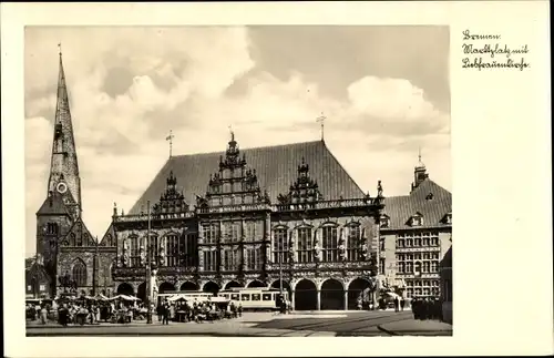 Ak Hansestadt Bremen, Marktplatz mit Liebfrauenkirche, Straßenszene, Straßenbahn