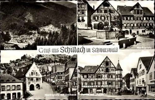 Ak Schiltach im Schwarzwald, Ortsansicht, Panorama, Marktplatz, Rathaus, Partie am Adler