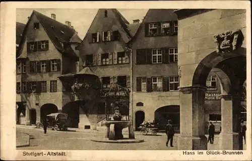 Ak Stuttgart am Neckar, Hans im Glück Brunnen, Altstadt, Straßenszene