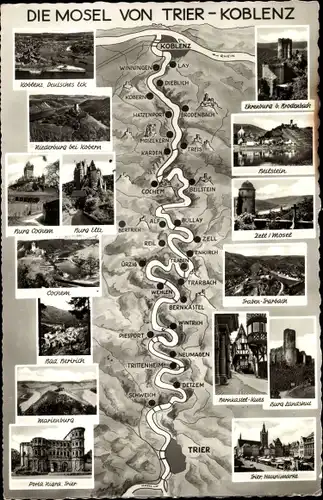 Ak Trier an der Mosel, Die Mosel von Trier nach Koblenz, Karte