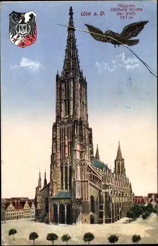 Ak Ulm an der Donau, Münster, Wappen, Spatz, Höchste Kirche der Welt 161m