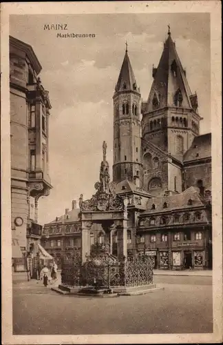 Ak Mainz am Rhein, Marktbrunnen, Straßenszene