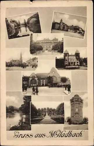 Ak Mönchengladbach am Niederrhein, See, Turm, Bahnhof, Kirche, Straßenpartie