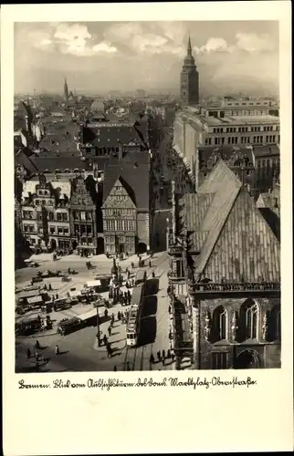 Ak Hansestadt Bremen, Marktplatz vom Aussichtsturm des Doms, Straßenbahn