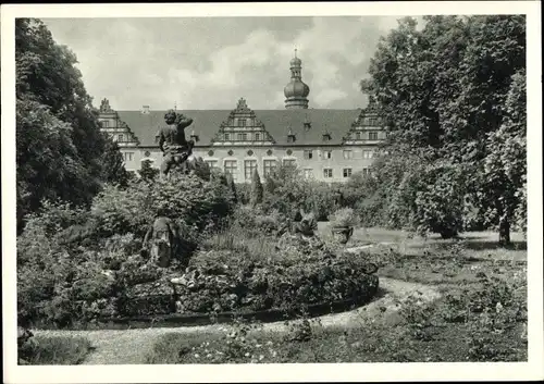 Ak Weikersheim in Tauberfranken Württemberg, Schloss, Gartenfront, Brunnen