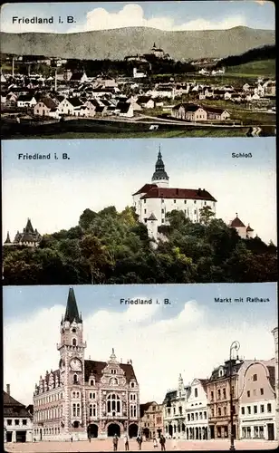 Ak Frýdlant v Čechách Friedland Reg. Reichenberg, Schloss, Markt, Rathaus, Gesamtansicht