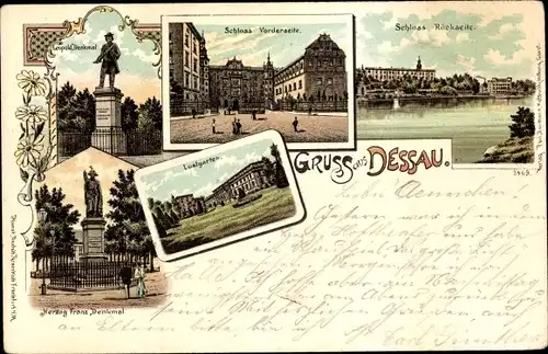 Litho Dessau Roßlau, Schlossansichten, Teich, Denkmal