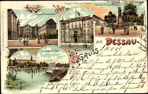 Litho Dessau in Sachsen Anhalt, Schlossansichten, Palais d. Prinzen Eduard, Herzog Franz Denkmal