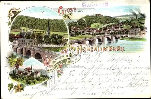 Litho Hohenlimburg Hagen in Westfalen Ruhrgebiet, Hotel Bentheimer Hof, M. Schuffenhauer, Schloss