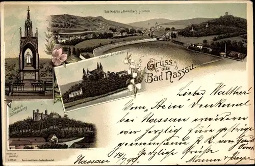 Litho Bad Ems-Nassau an der Lahn, Schloss Schaumberg, Kloster Arnstein