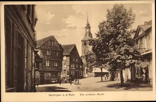 Ak Hattingen im Ennepe Ruhr Kreis, Unterer Markt mit Geschäften und Kirche